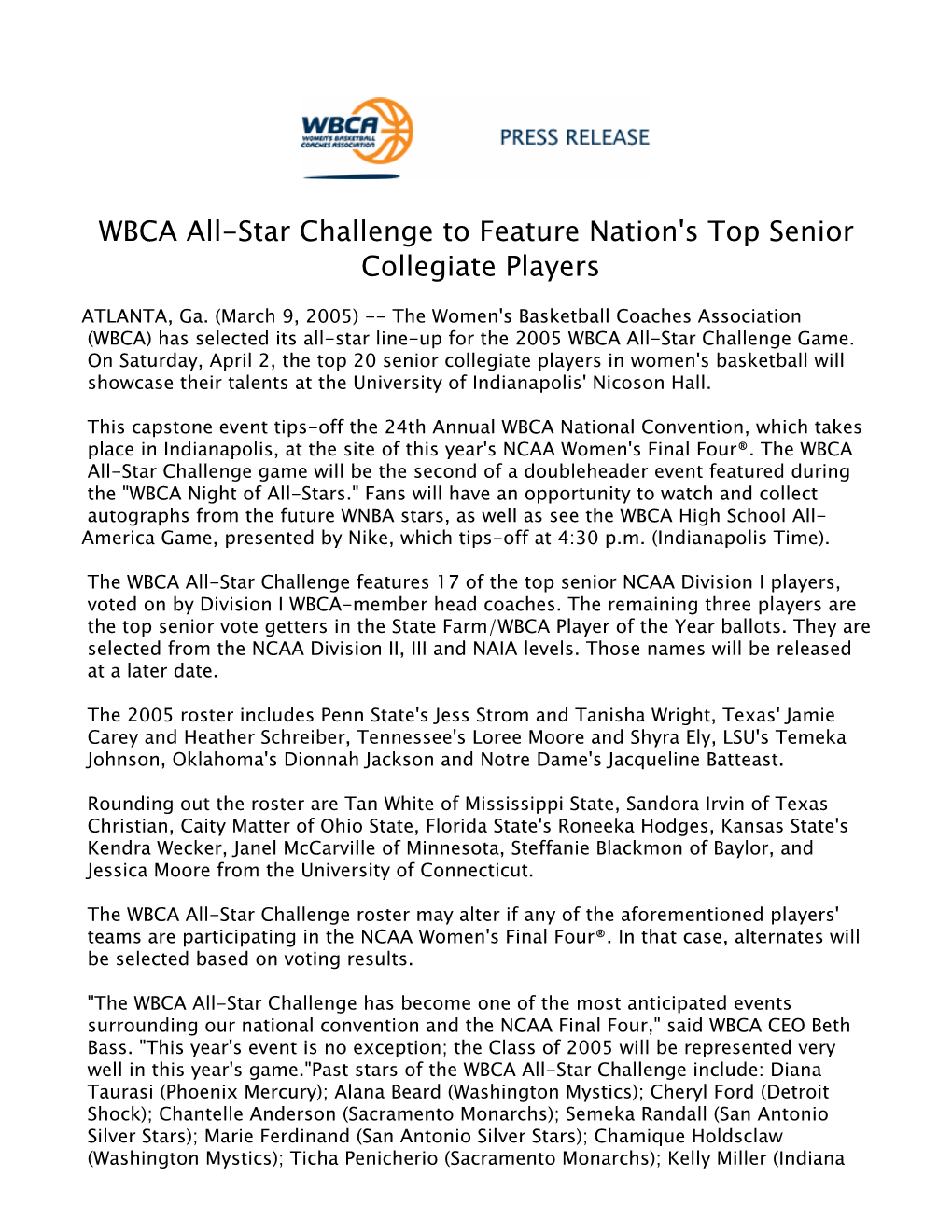 WBCA All-Star Challenge to Feature Nation's Top Senior Collegiate Players 2004-05 030905
