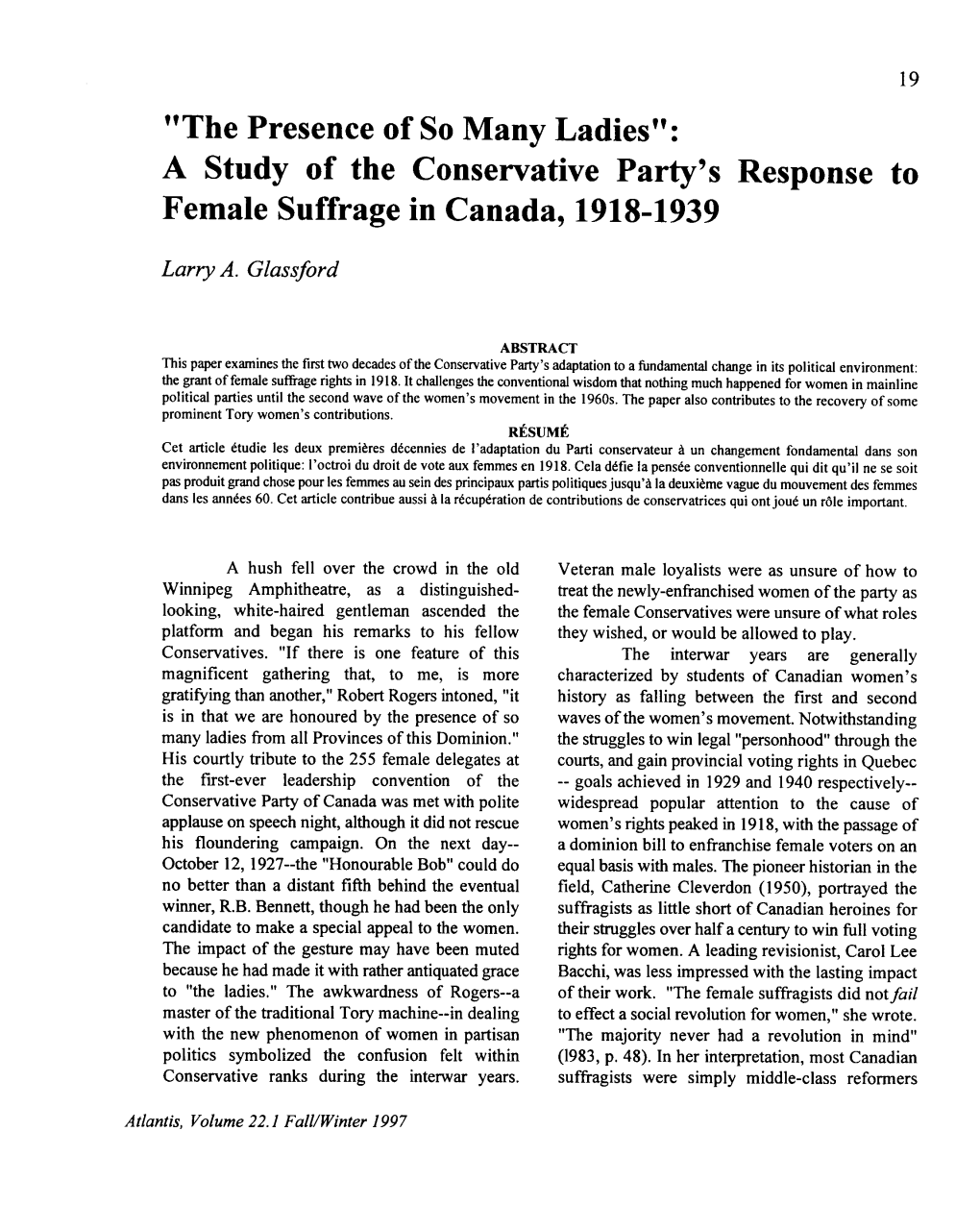 A Study of the Conservative Party's Response to Female Suffrage in Canada, 1918-1939