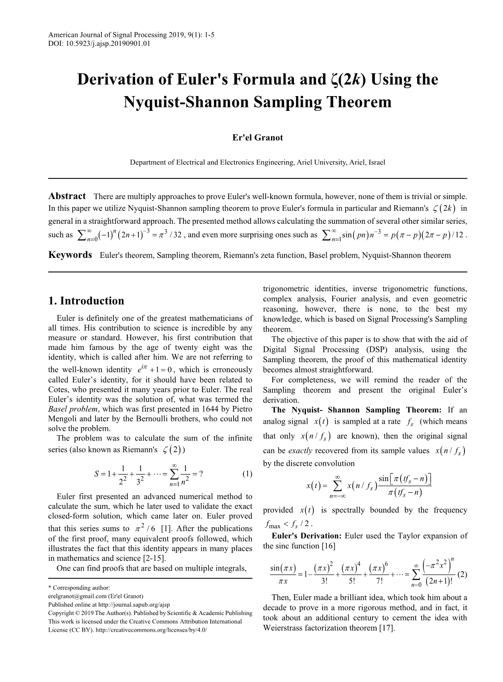 Derivation of Euler's Formula and Ζ(2K) Using the Nyquist-Shannon Sampling Theorem