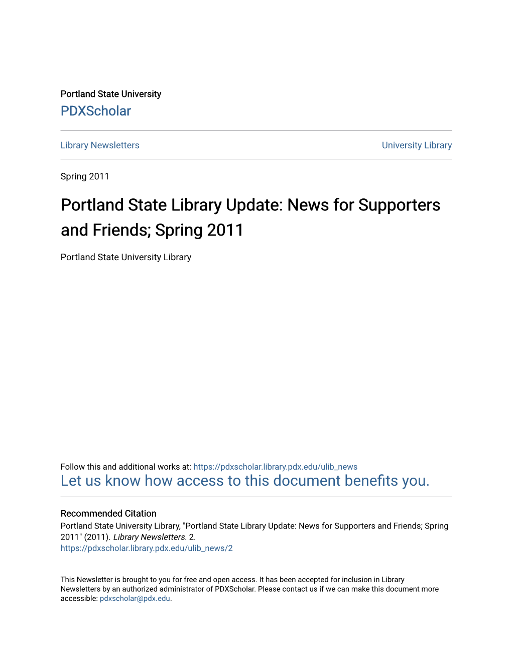 Portland State Library Update: News for Supporters and Friends; Spring 2011