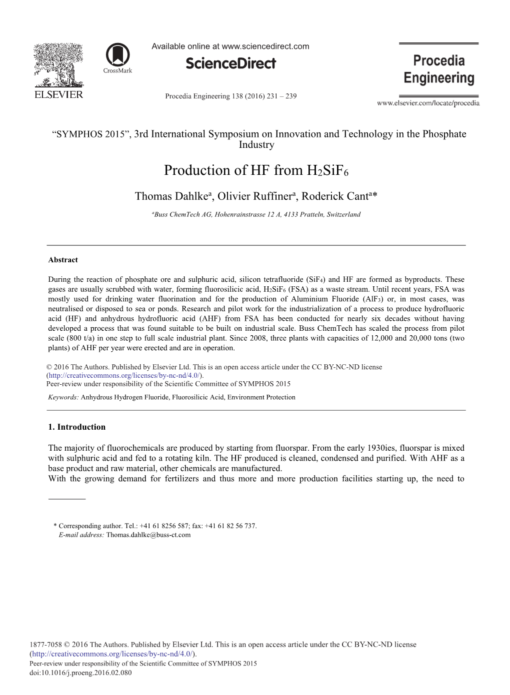 Production of HF from H2sif6