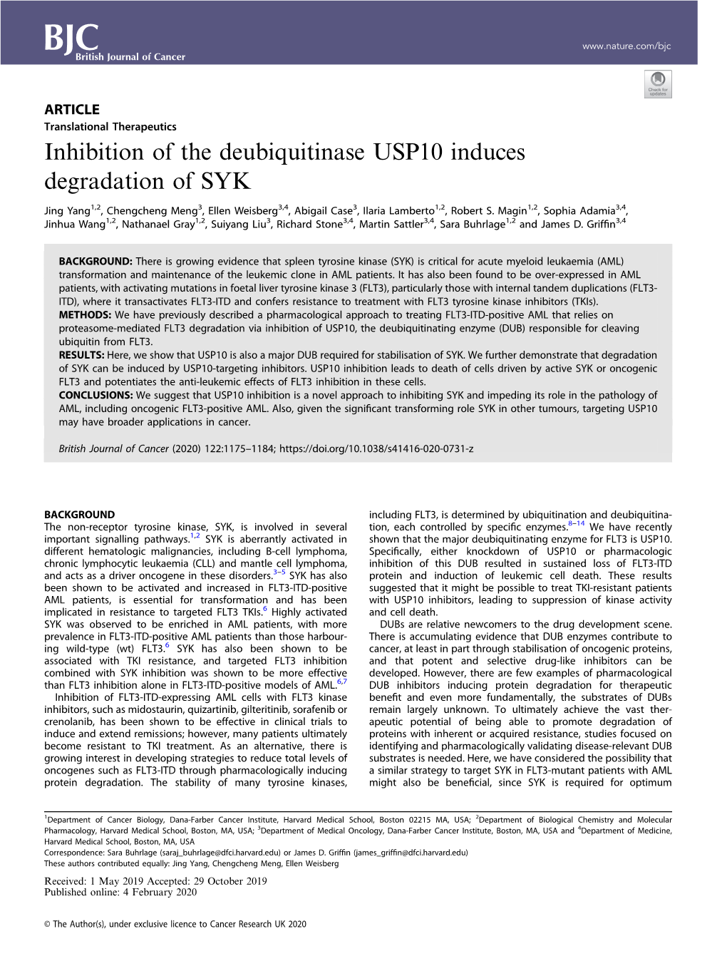 Inhibition of the Deubiquitinase USP10 Induces Degradation of SYK