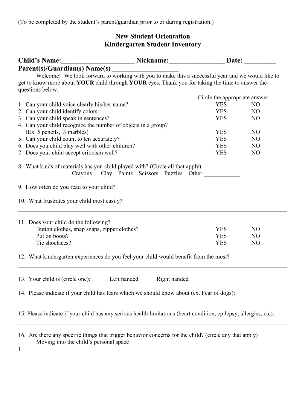 Kindergarten Pupil Survey