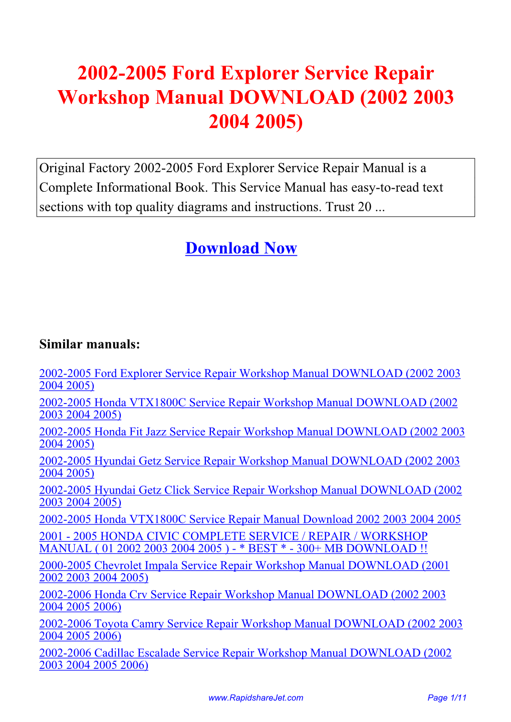 2002-2005 Ford Explorer Service Repair Workshop Manual DOWNLOAD (2002 2003 2004 2005)