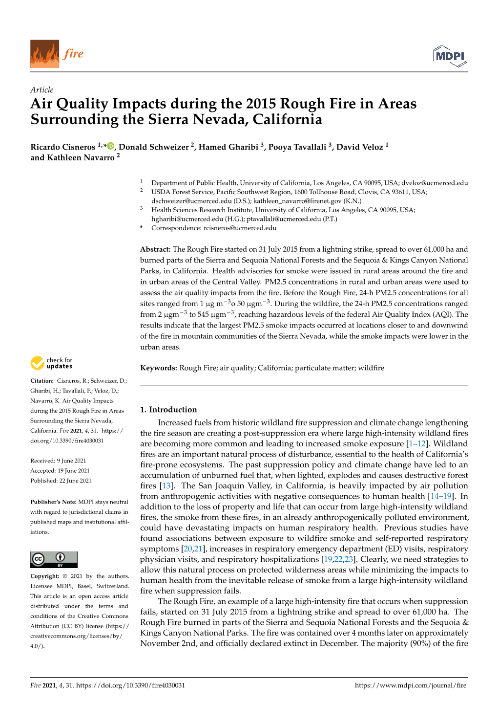 Air Quality Impacts During the 2015 Rough Fire in Areas Surrounding the Sierra Nevada, California