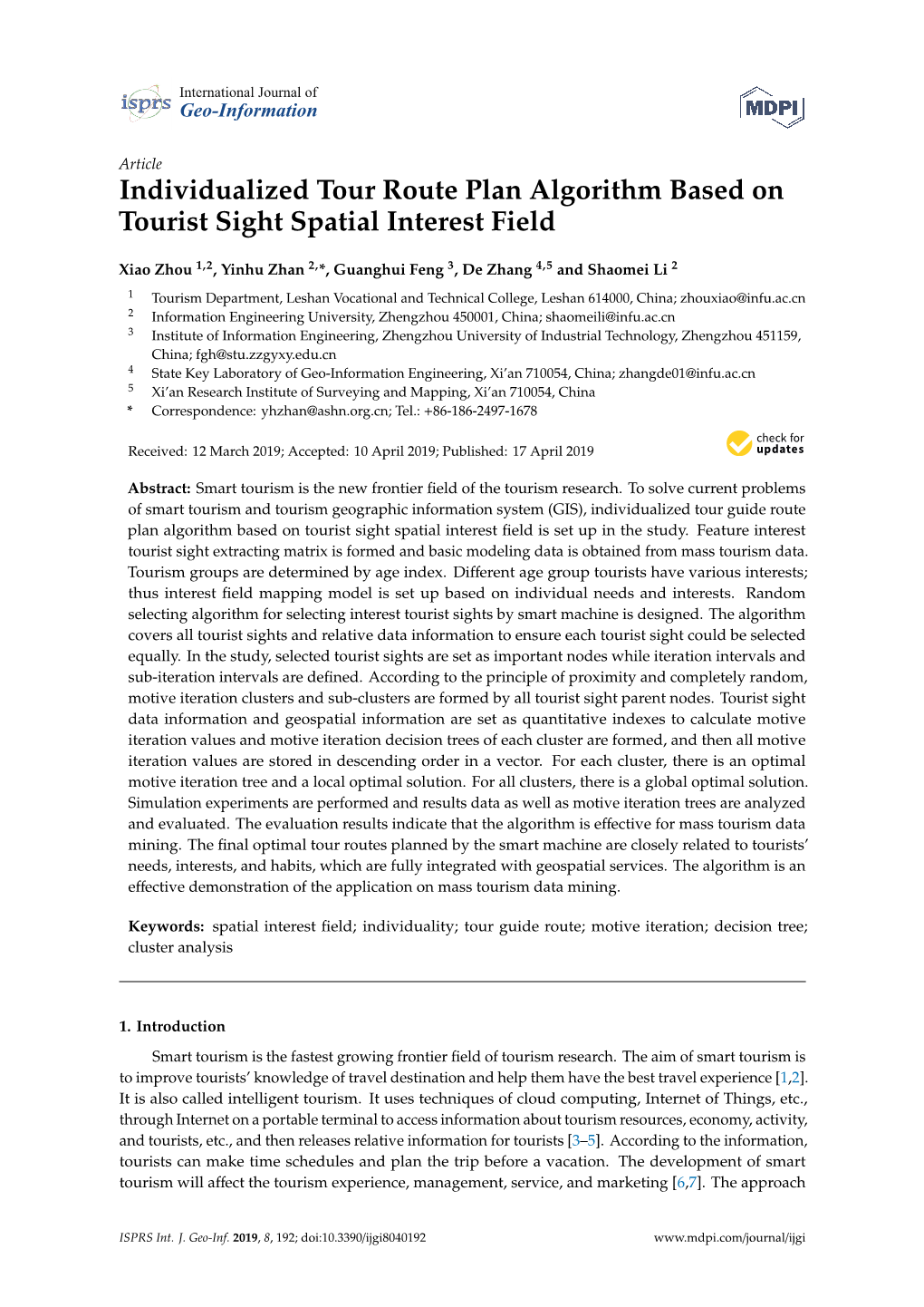 Individualized Tour Route Plan Algorithm Based on Tourist Sight Spatial Interest Field