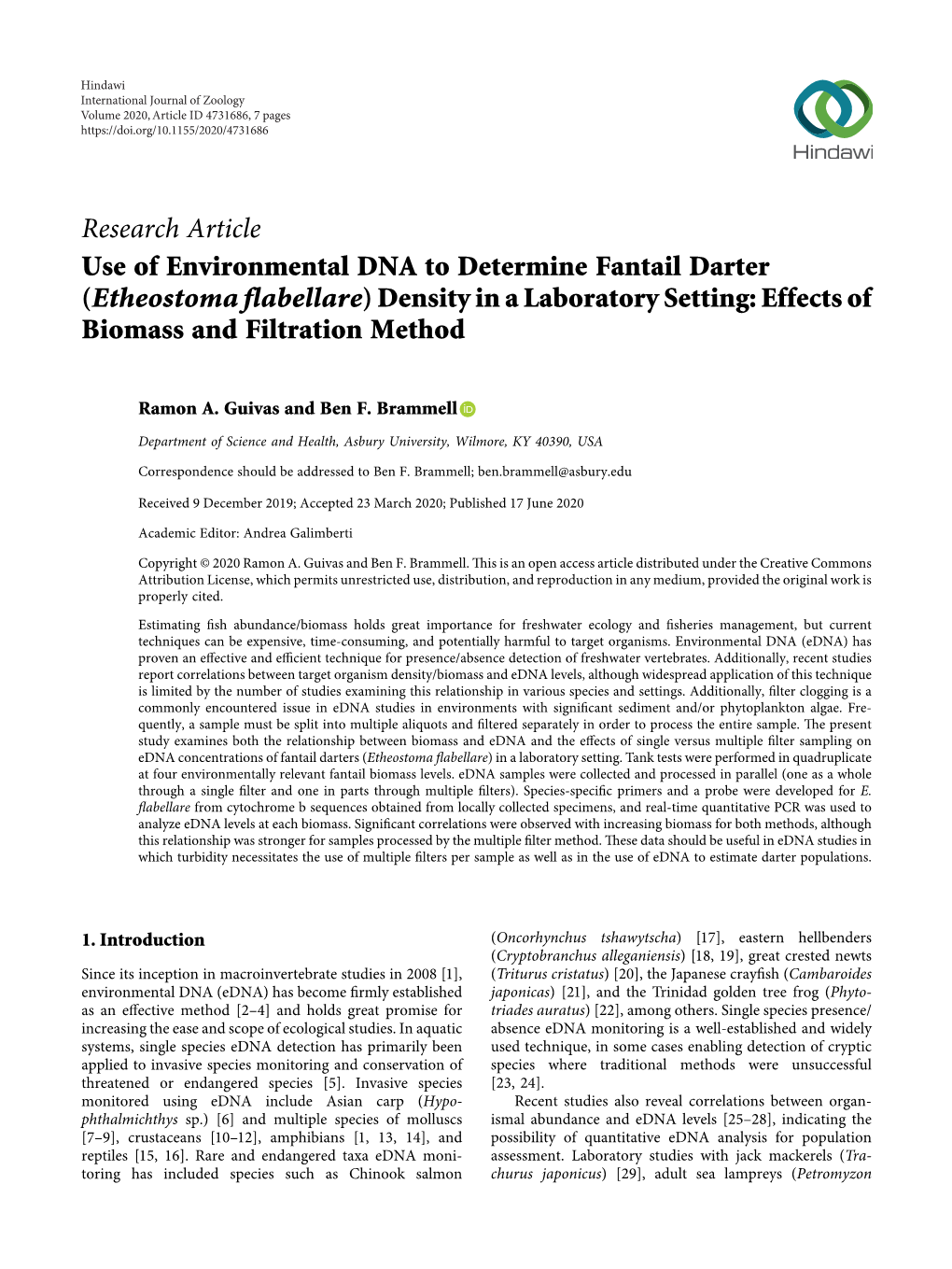 Use of Environmental DNA to Determine Fantail Darter (Etheostoma Flabellare) Density in a Laboratory Setting: Effects of Biomass and Filtration Method