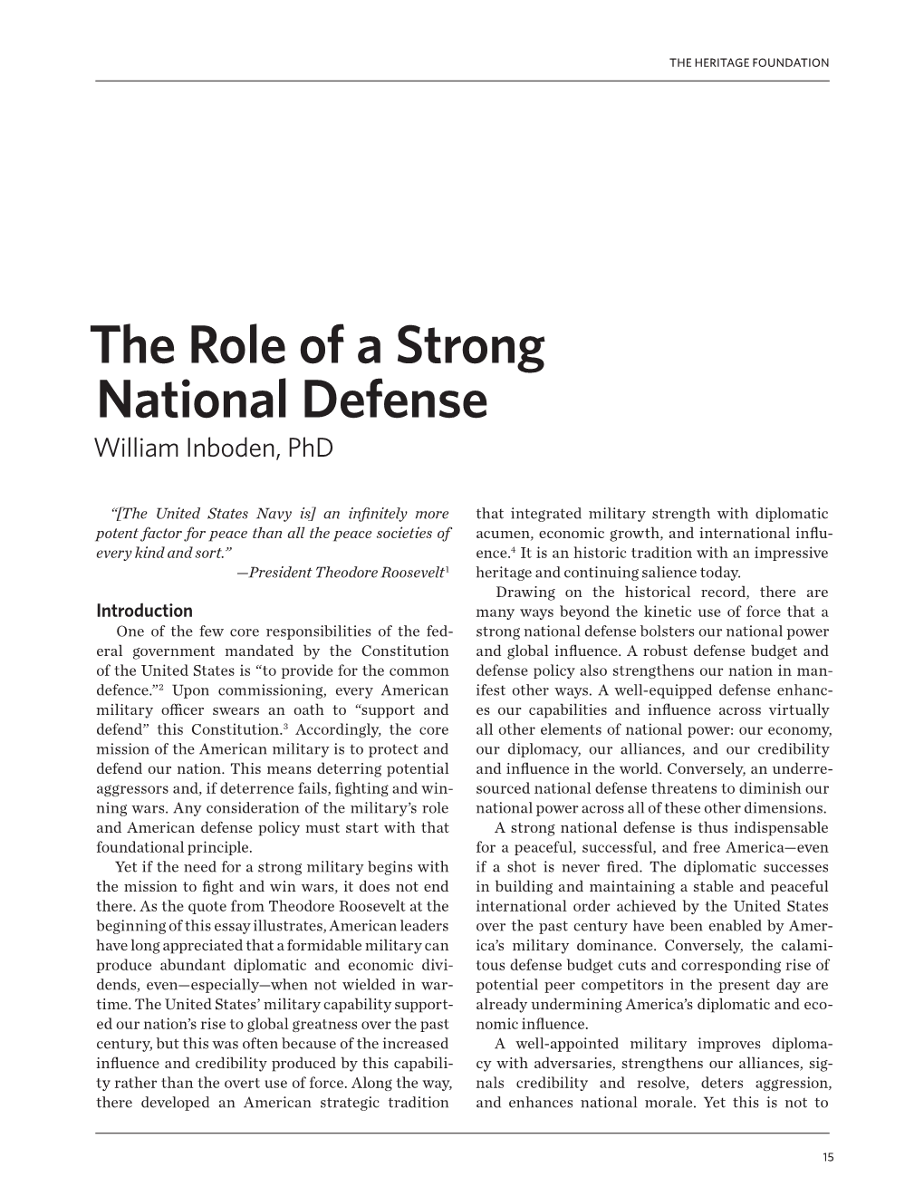 The Role of a Strong National Defense William Inboden, Phd