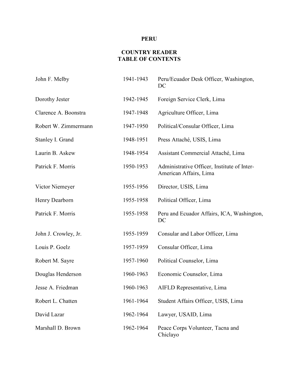 PERU COUNTRY READER TABLE of CONTENTS John F. Melby 1941