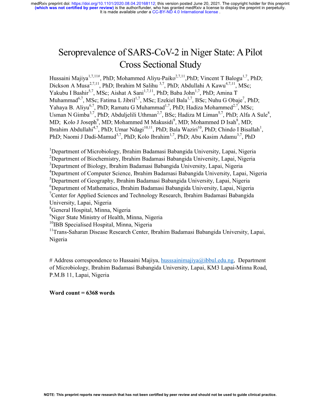 Seroprevalence of SARS-Cov-2 in Niger State