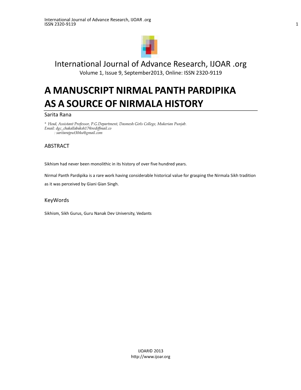 NIRMAL PANTH PARDIPIKA AS a SOURCE of NIRMALA HISTORY Sarita Rana