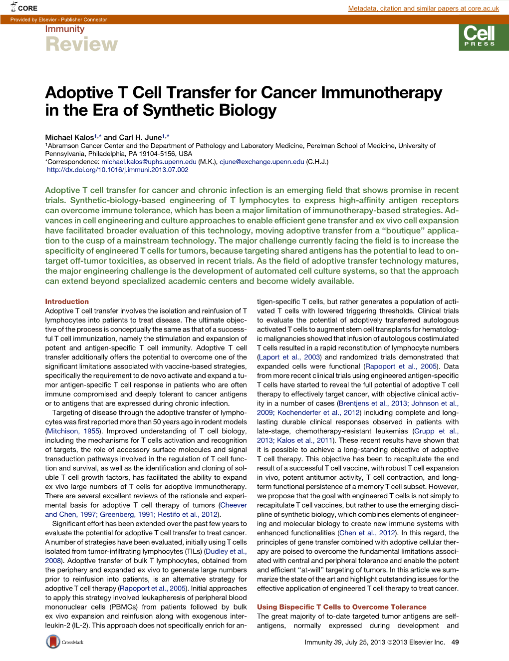 Adoptive T Cell Transfer for Cancer Immunotherapy in the Era of Synthetic Biology