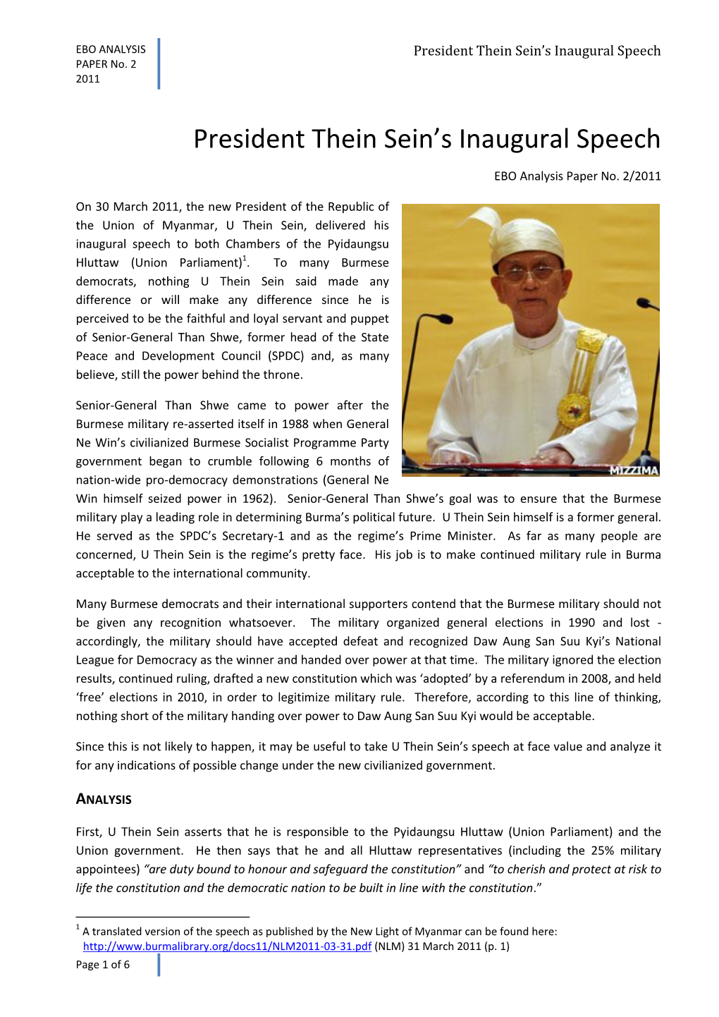 President Thein Sein's Inaugural Speech