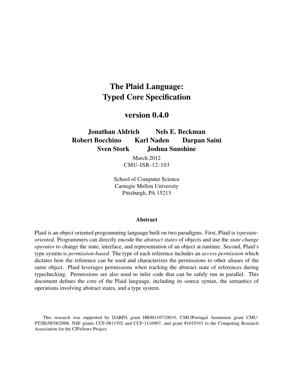 The Plaid Language: Typed Core Specification Version 0.4.0