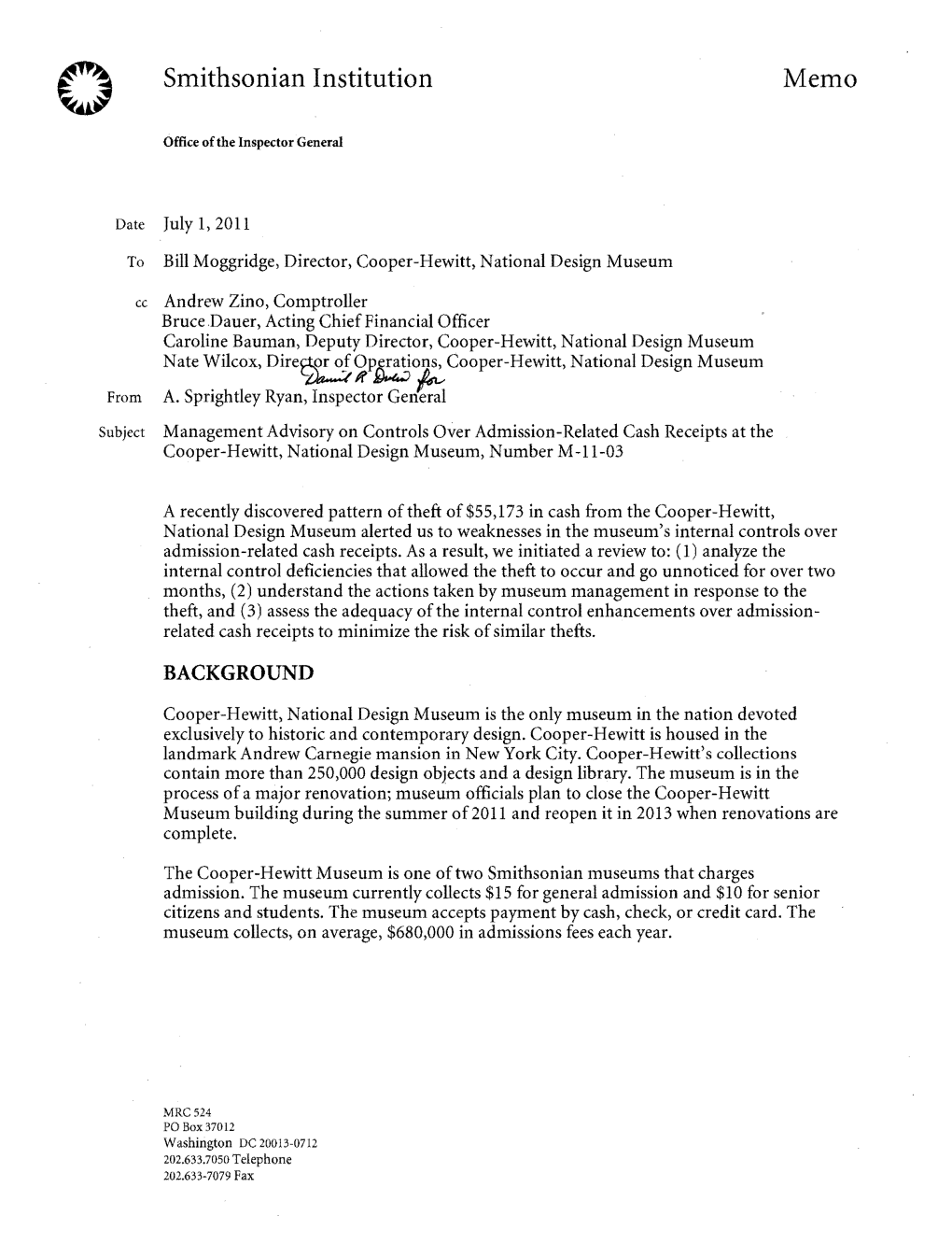 Management Advisory on Controls Over Admission-Related Cash Receipts at the Cooper-Hewitt, National Design Museum, Number M-Ll-03