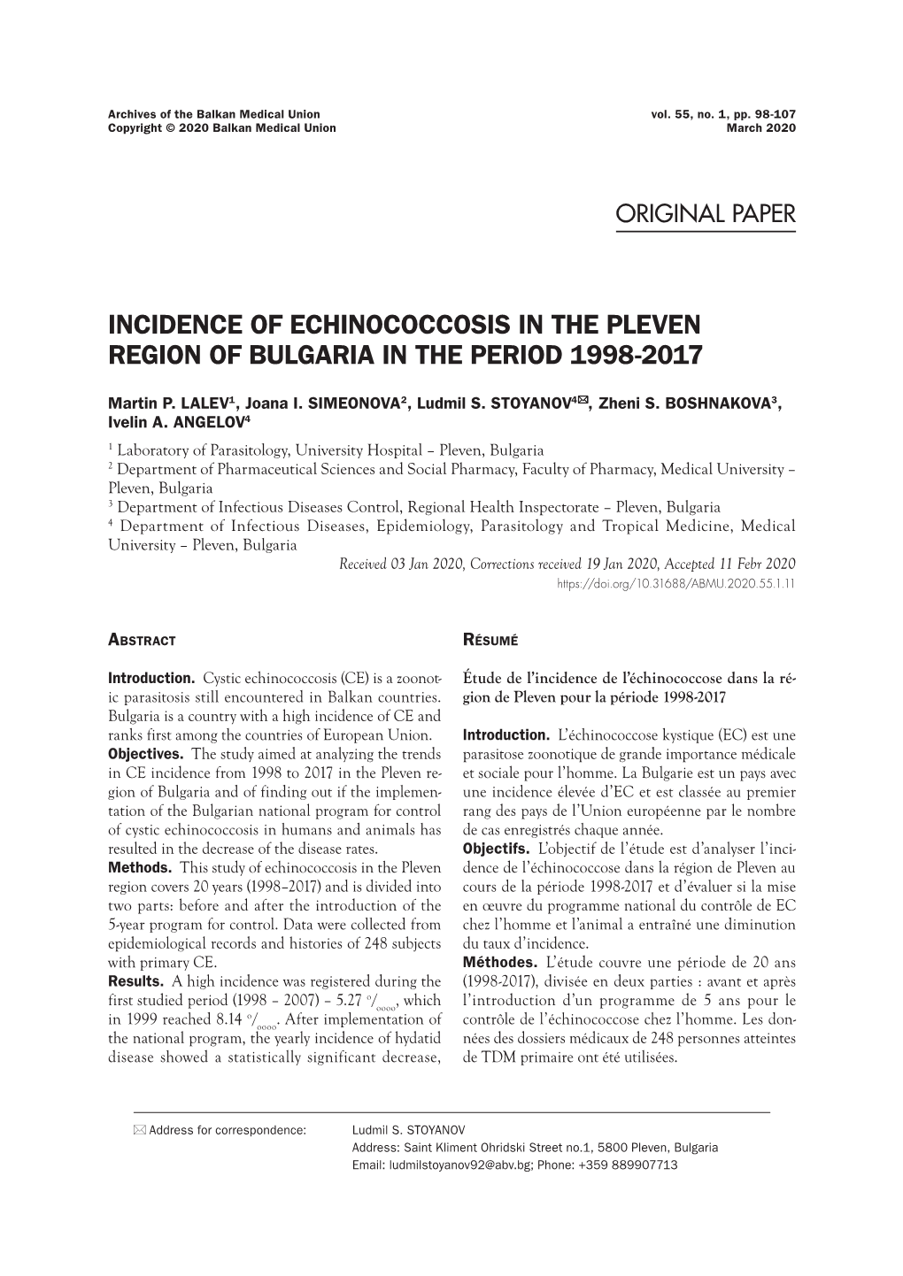 Incidence of Echinococcosis in the Pleven Region of Bulgaria in the Period 1998-2017