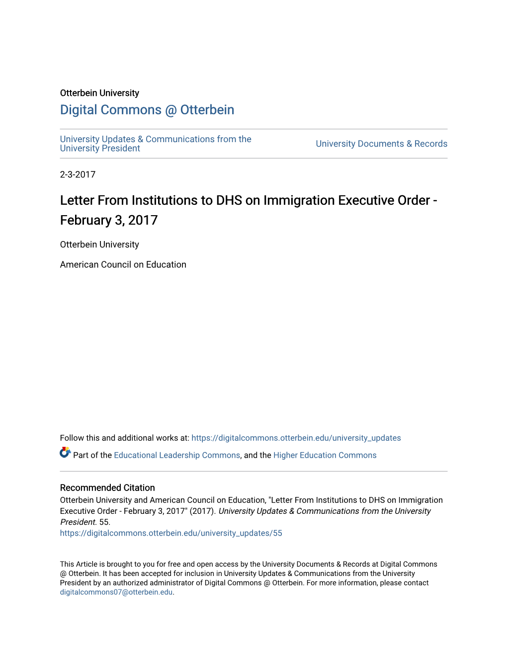 Letter from Institutions to DHS on Immigration Executive Order - February 3, 2017