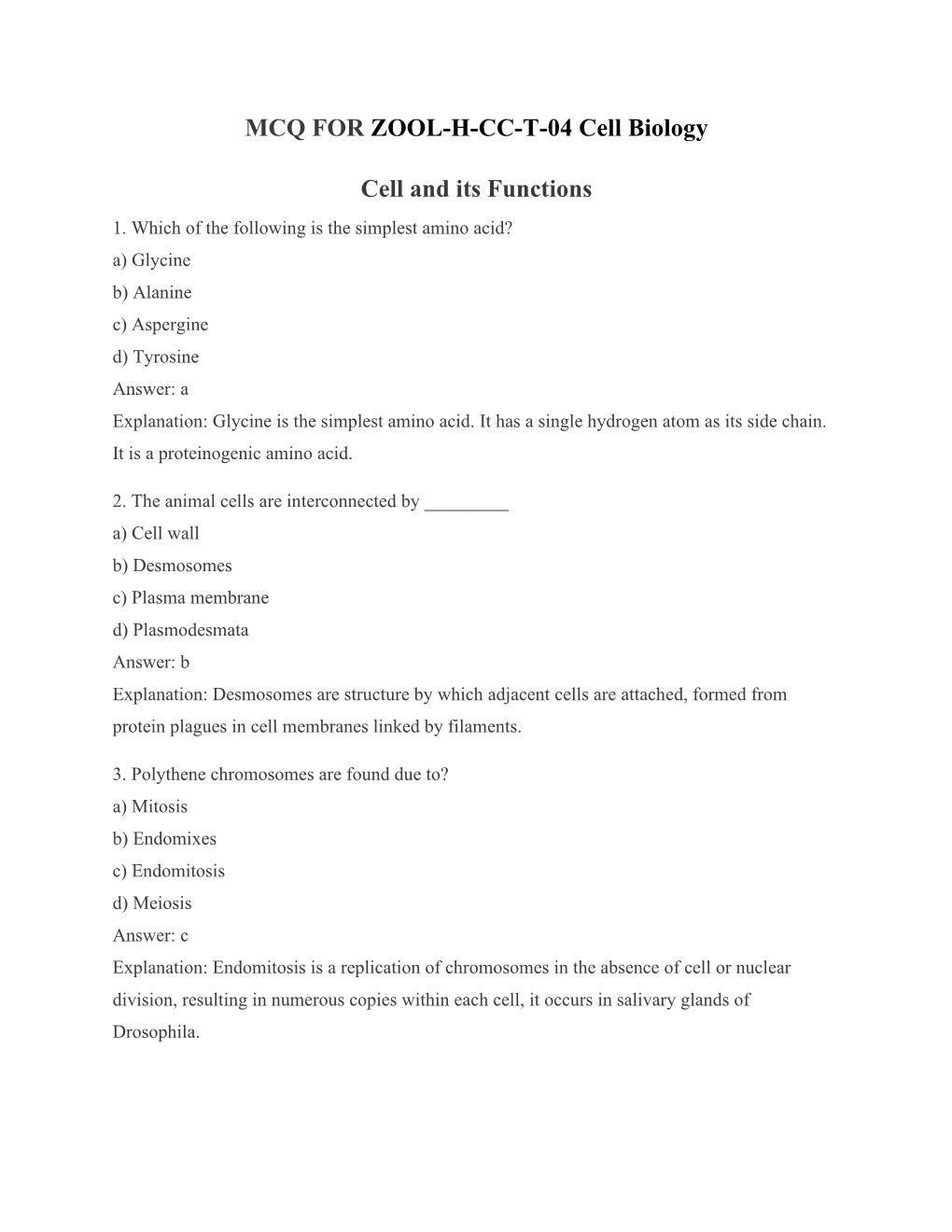 MCQ for ZOOL-H-CC-T-04 Cell Biology Cell and Its Functions