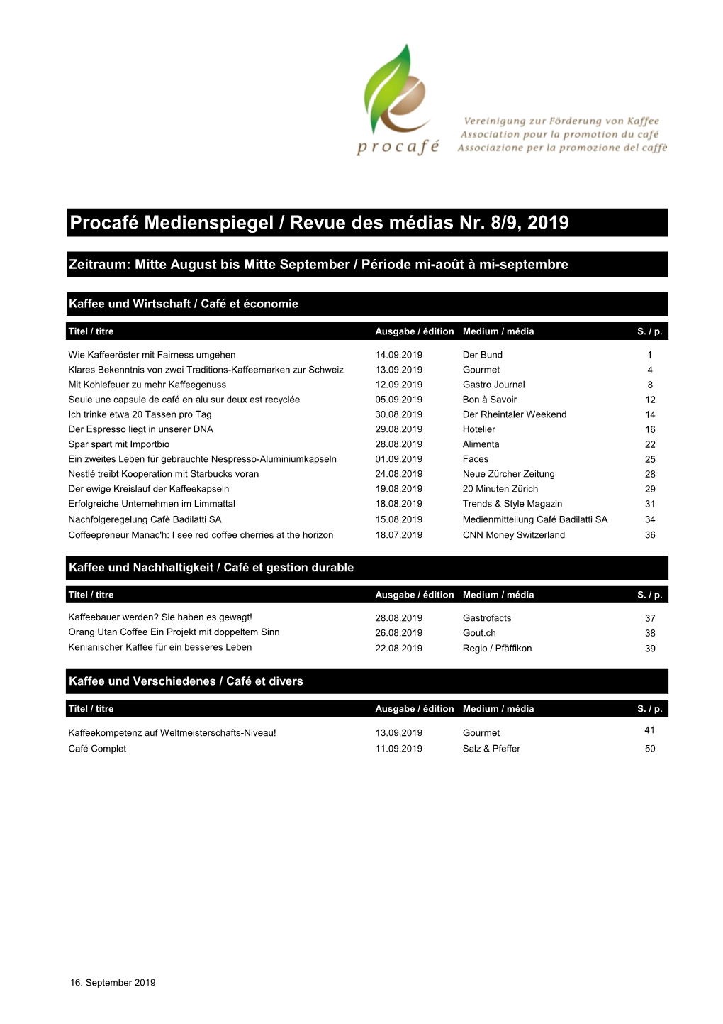 Procafé Medienspiegel / Revue Des Médias Nr. 8/9, 2019