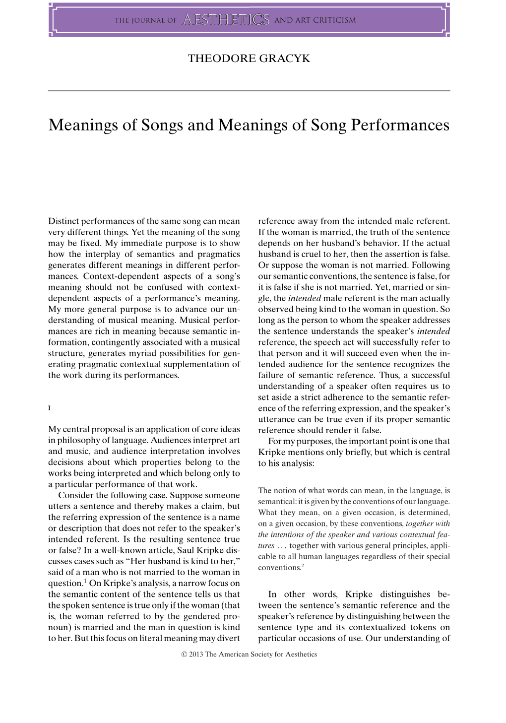 Meanings of Songs and Meanings of Song Performances