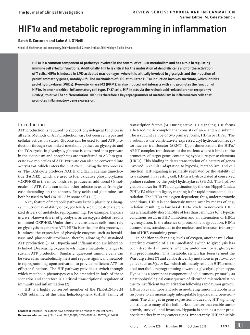 Hif1α and Metabolic Reprogramming in Inflammation