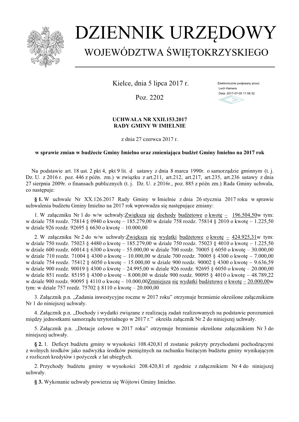 Uchwala Nr XXII.153.2017 Z Dnia 27 Czerwca 2017 R