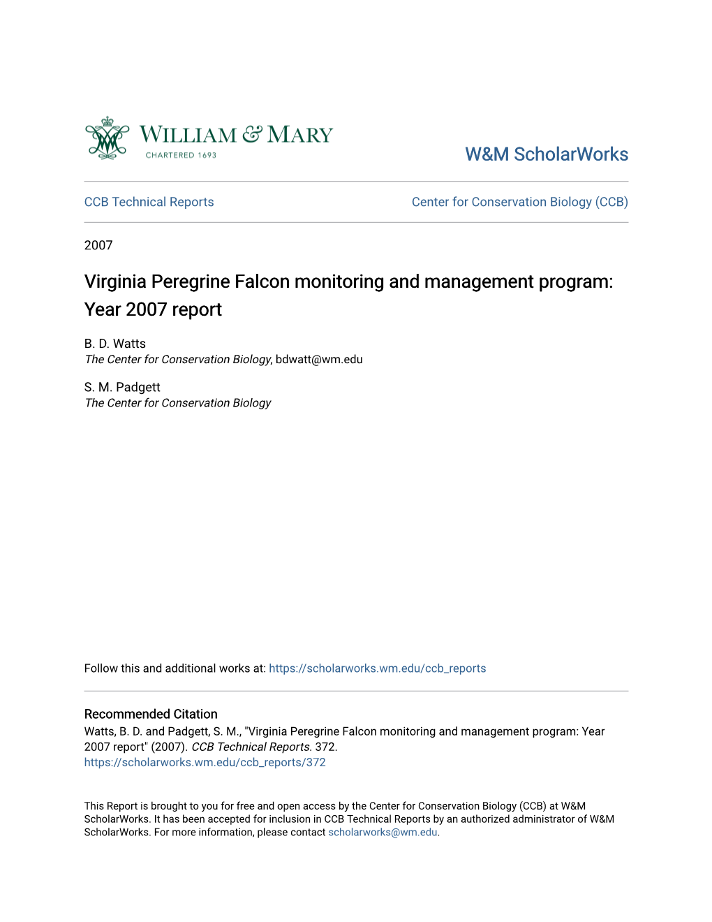 Virginia Peregrine Falcon Monitoring and Management Program: Year 2007 Report