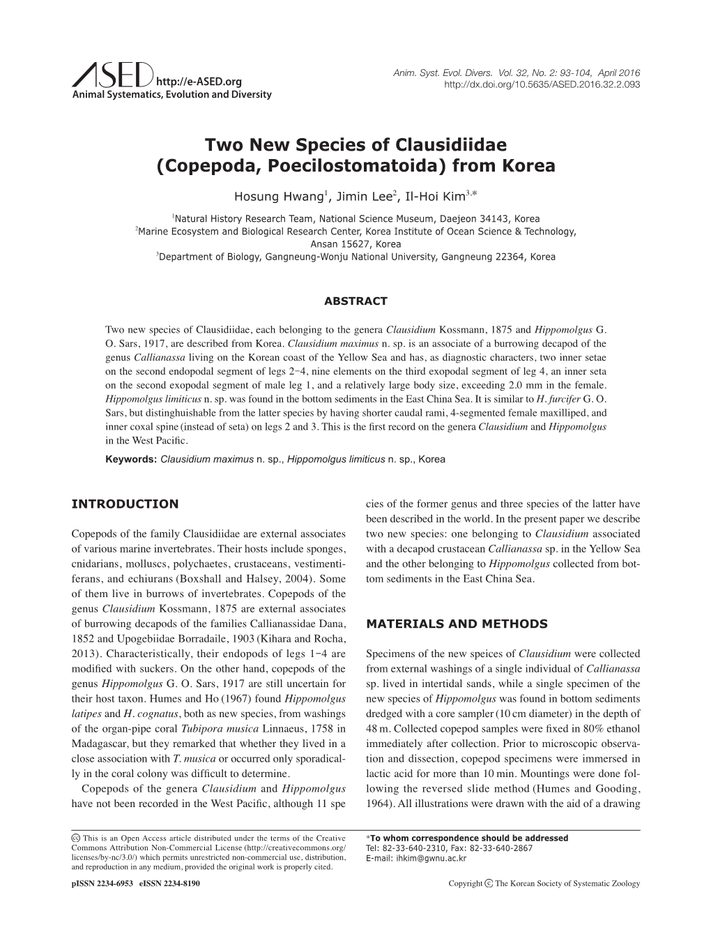 Two New Species of Clausidiidae (Copepoda, Poecilostomatoida) from Korea