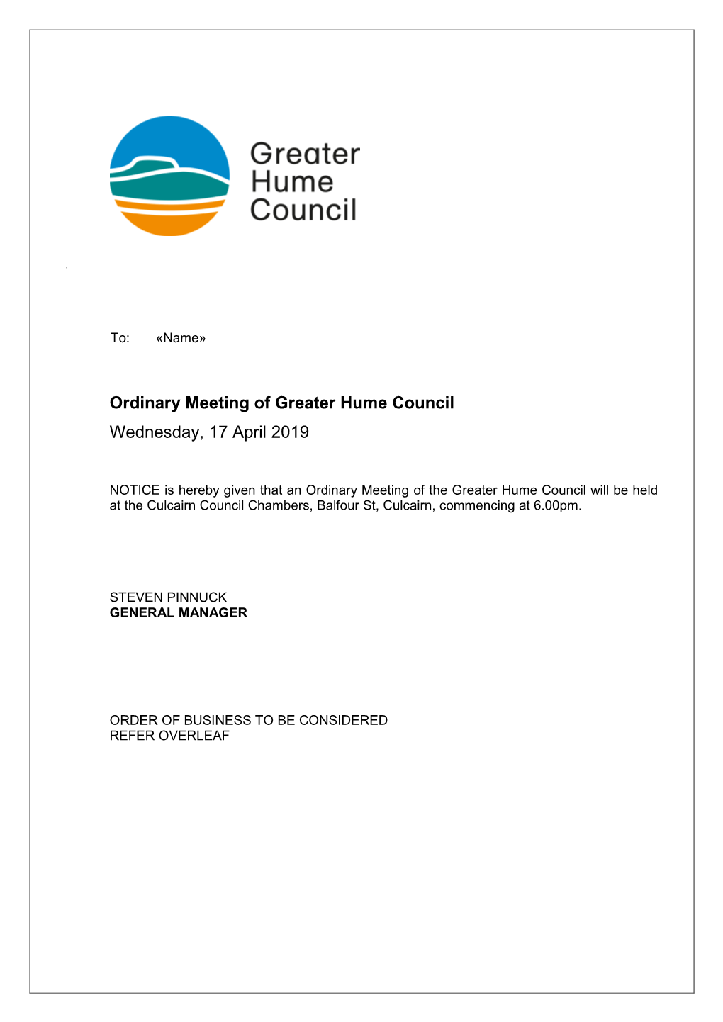 Ordinary Meeting of Greater Hume Council Wednesday, 17 April 2019