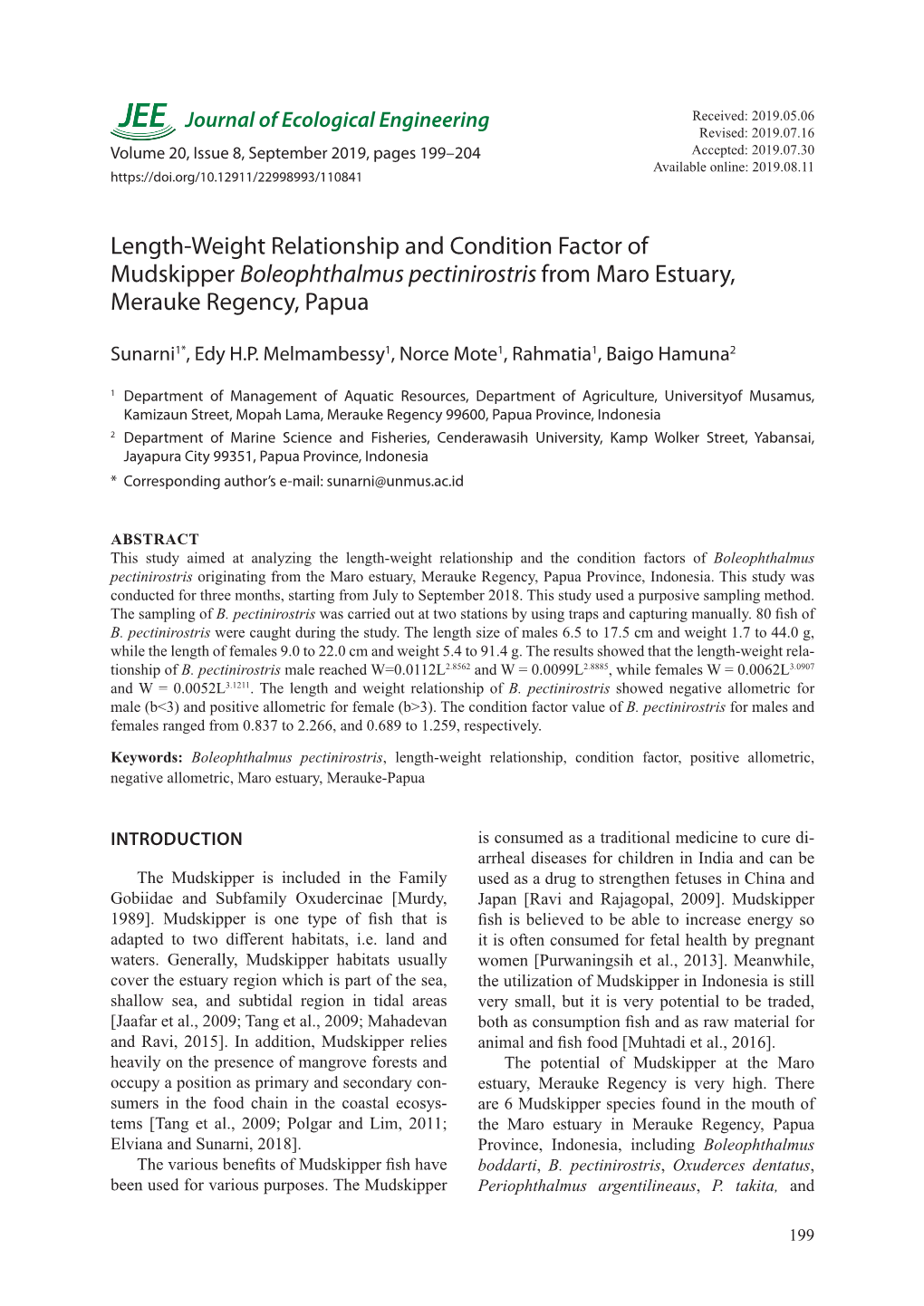 Length-Weight Relationship and Condition Factor of Mudskipper Boleophthalmus Pectinirostris from Maro Estuary, Merauke Regency, Papua