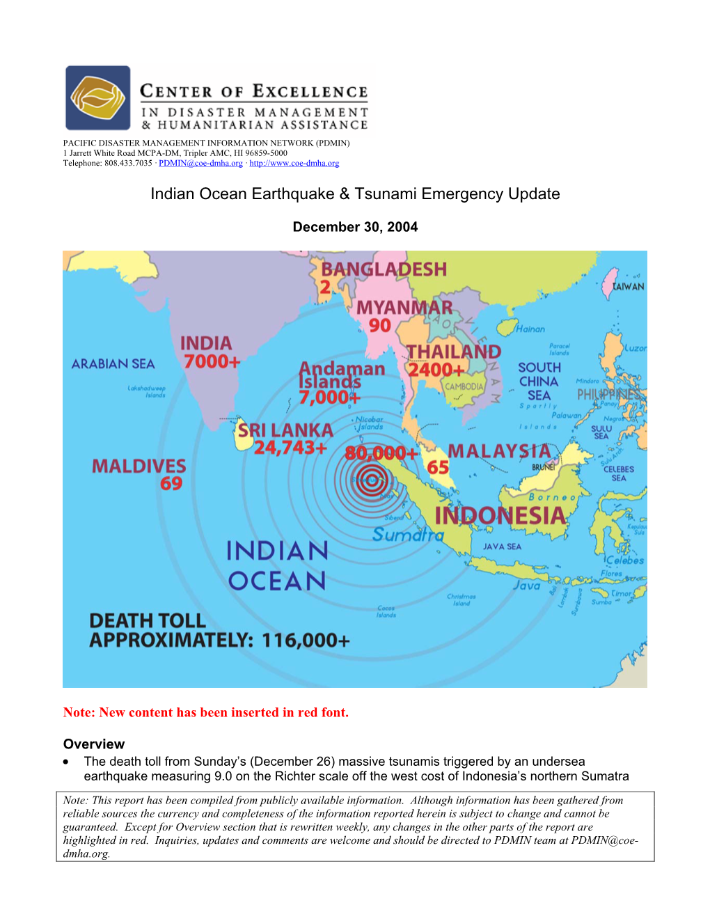 Indian Ocean Earthquake & Tsunami Emergency Update