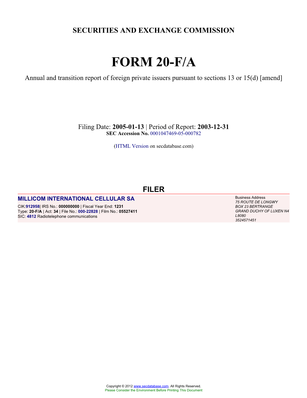 MILLICOM INTERNATIONAL CELLULAR SA (Form: 20-F/A