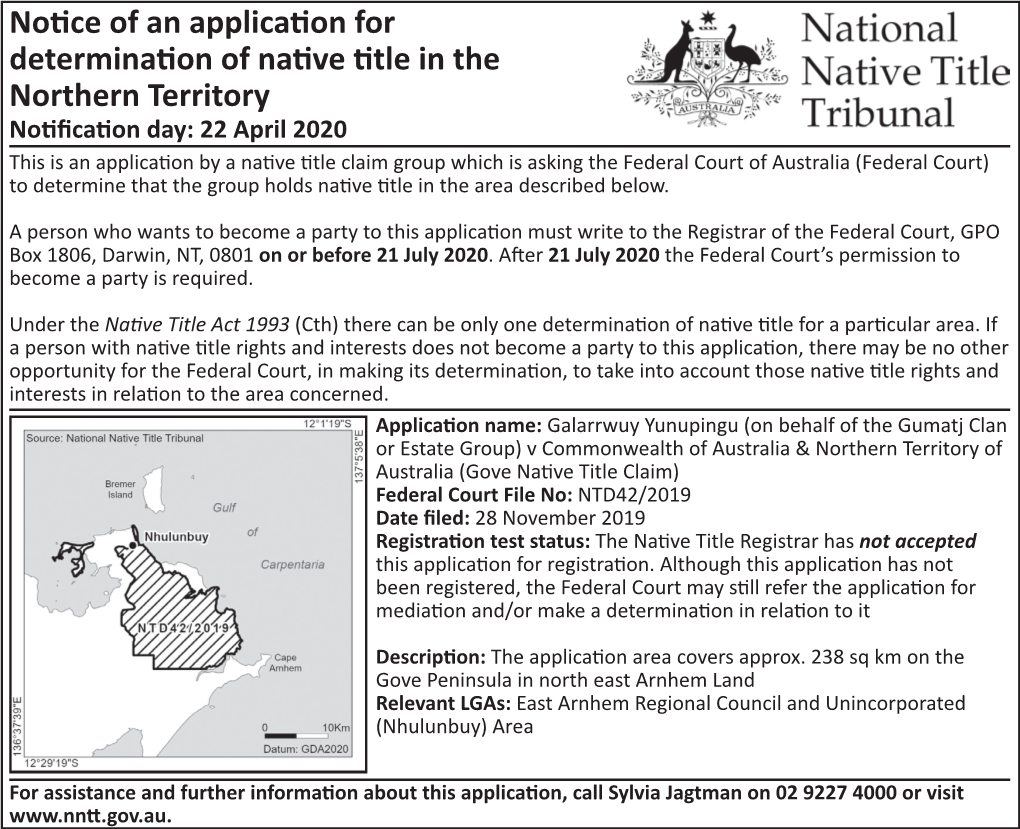 Notice of an Application for Determination of Native Title in The