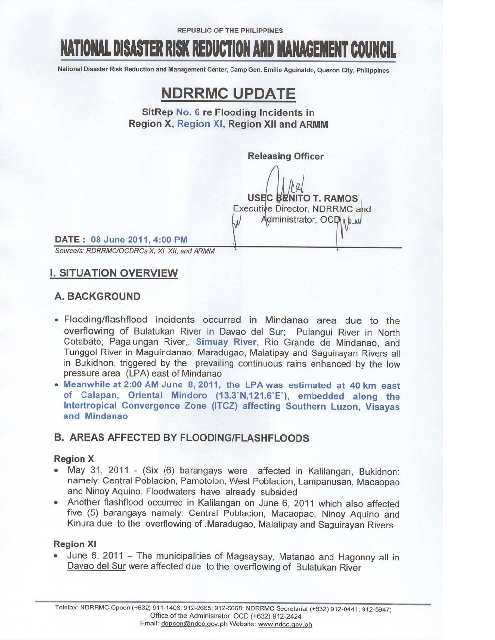 NDRRMC Update Sitrep No. 6 Flashfloods in Reg X, XI,XII