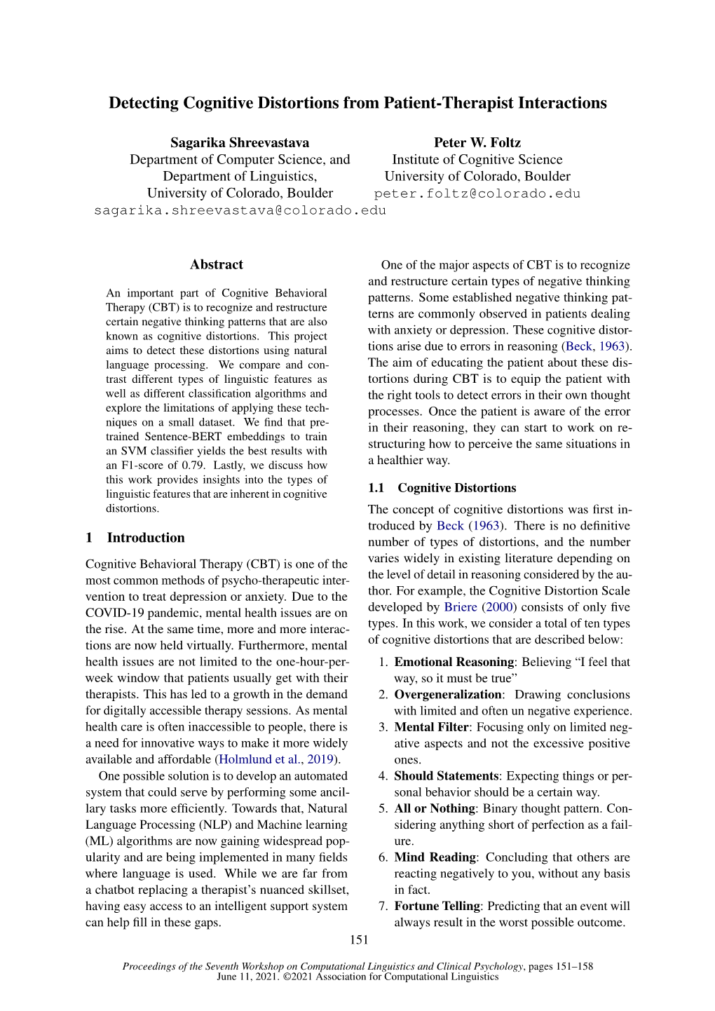 Detecting Cognitive Distortions from Patient-Therapist Interactions