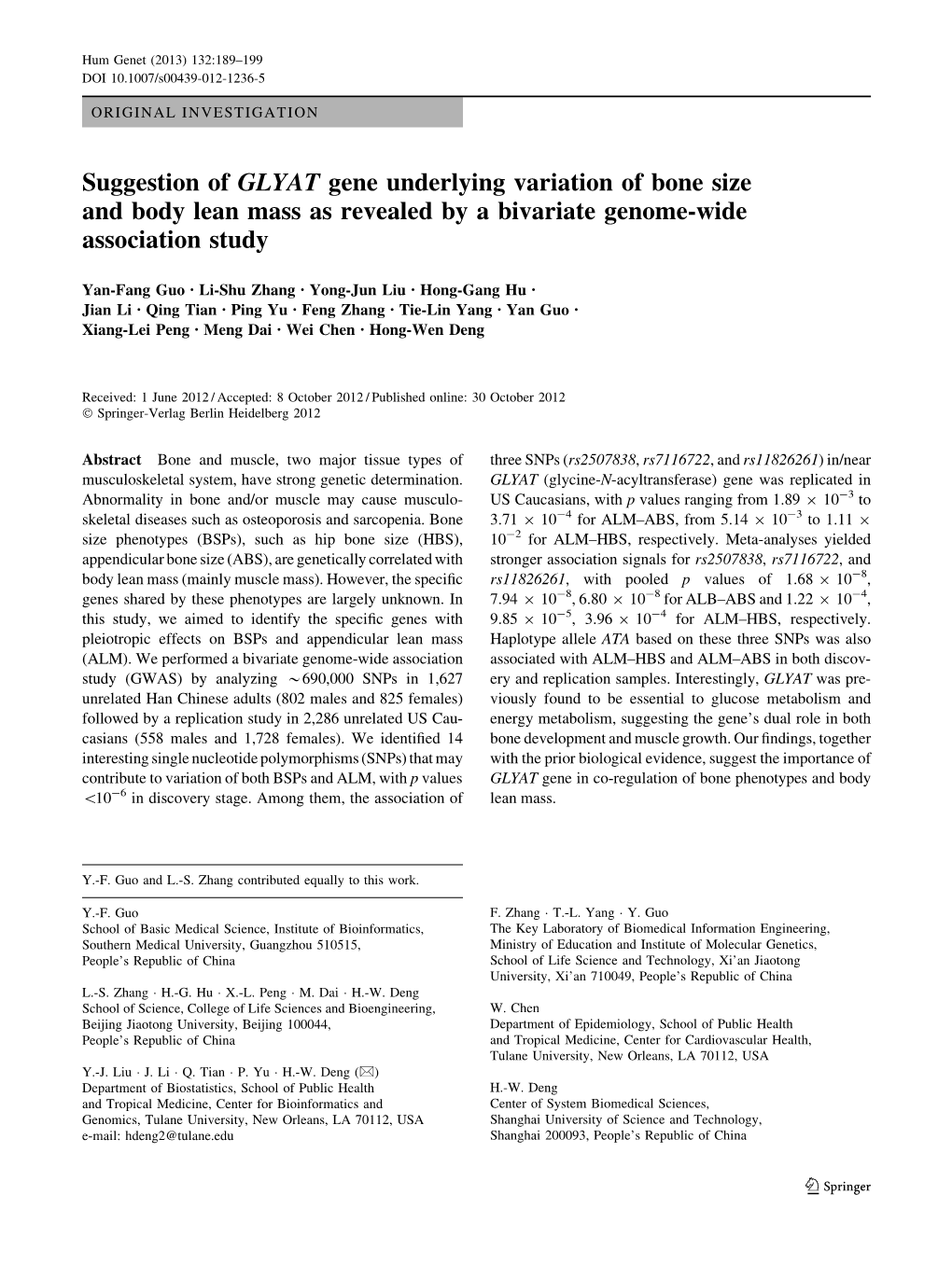 Suggestion of GLYAT Gene Underlying Variation of Bone Size and Body Lean Mass As Revealed by a Bivariate Genome-Wide Association Study