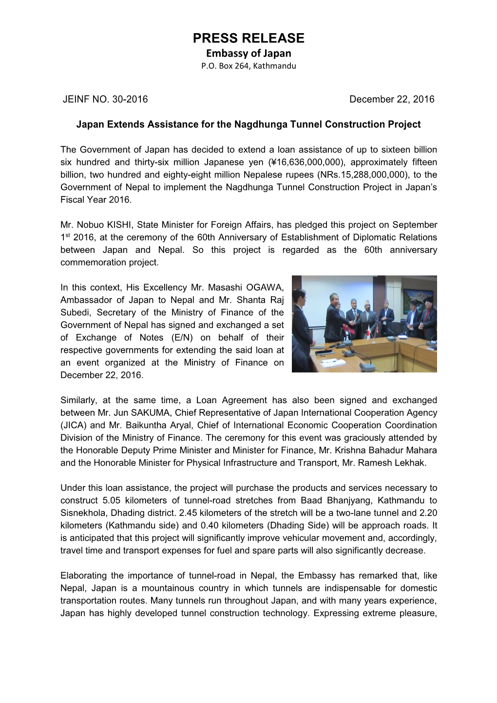 PRESS RELEASE Embassy of Japan P.O