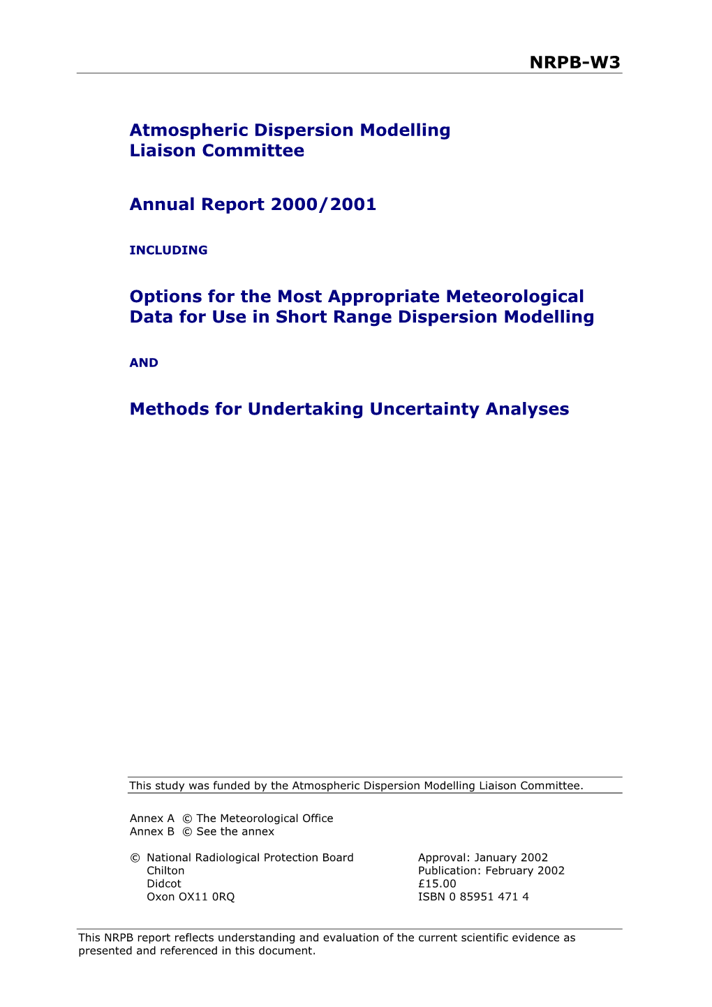 NRPB-W3 Atmospheric Dispersion Modelling Liaison Committee