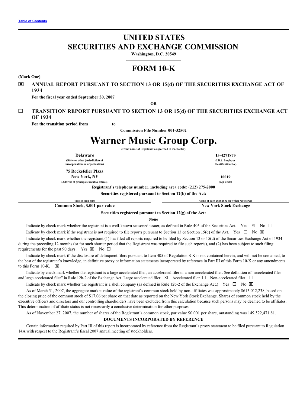 Warner Music Group Corp. (Exact Name of Registrant As Specified in Its Charter)