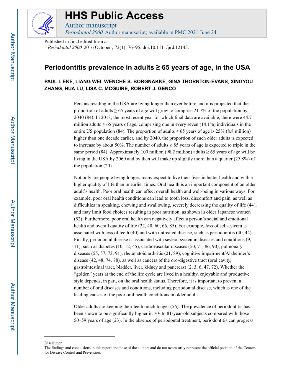 Periodontitis Prevalence in Adults ≥ 65 Years of Age, in the USA