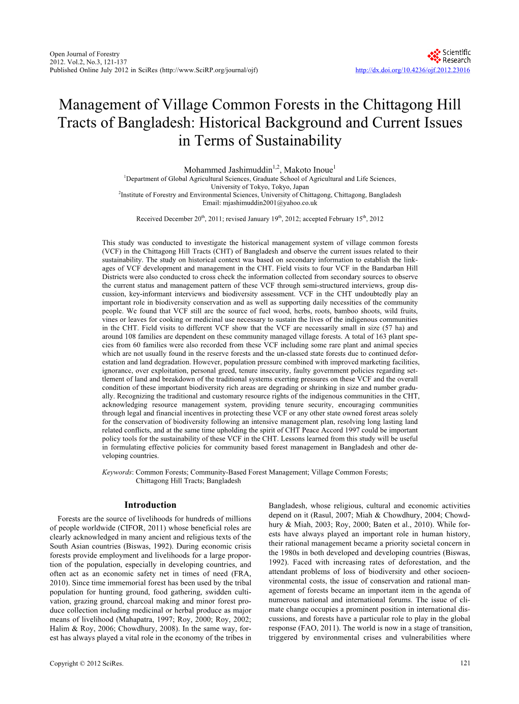 Management of Village Common Forests in the Chittagong Hill Tracts of Bangladesh: Historical Background and Current Issues in Terms of Sustainability