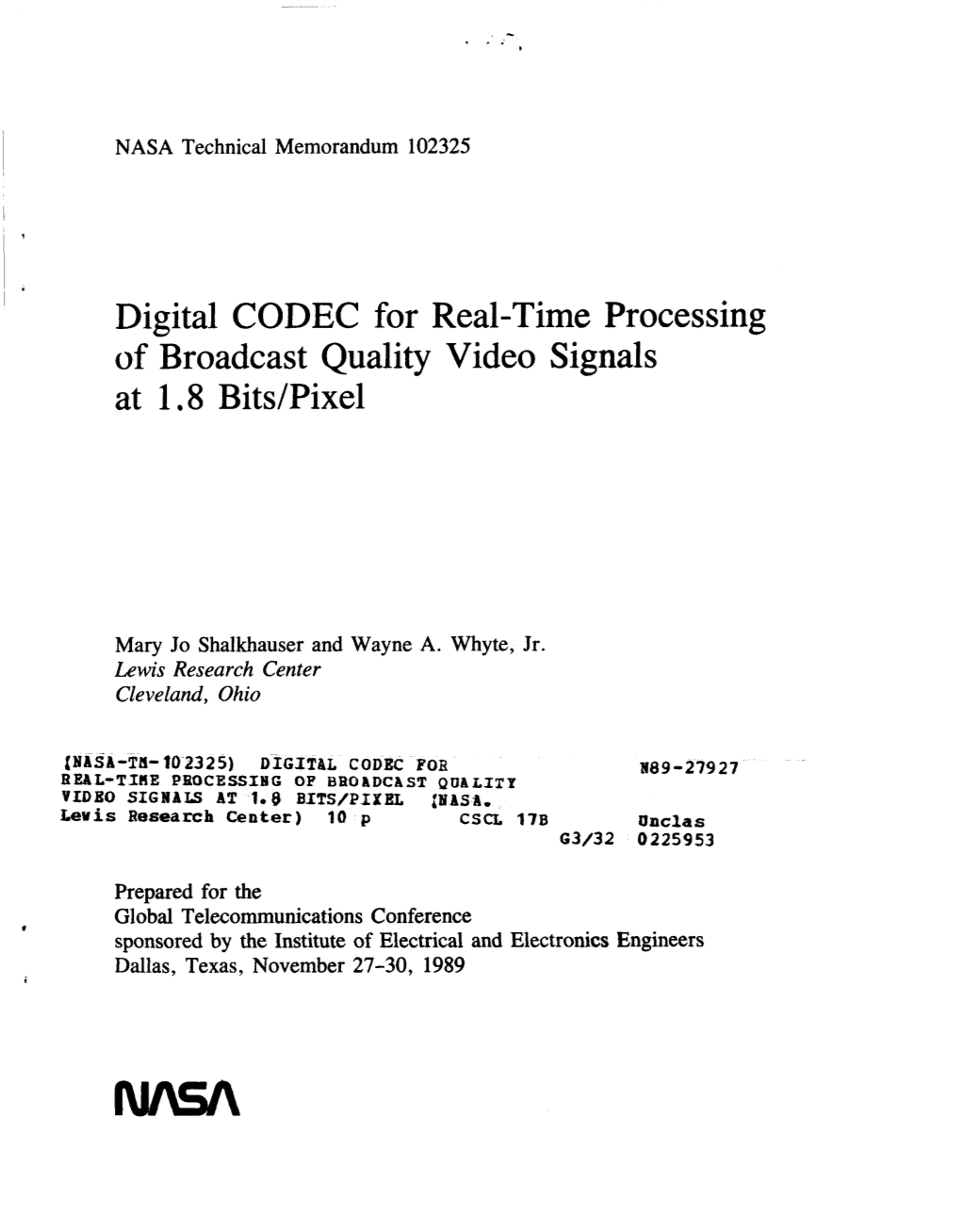 Digital CODEC for Real-Time Processing of Broadcast Quality Video Signals at 1 8 Bits/Pixel