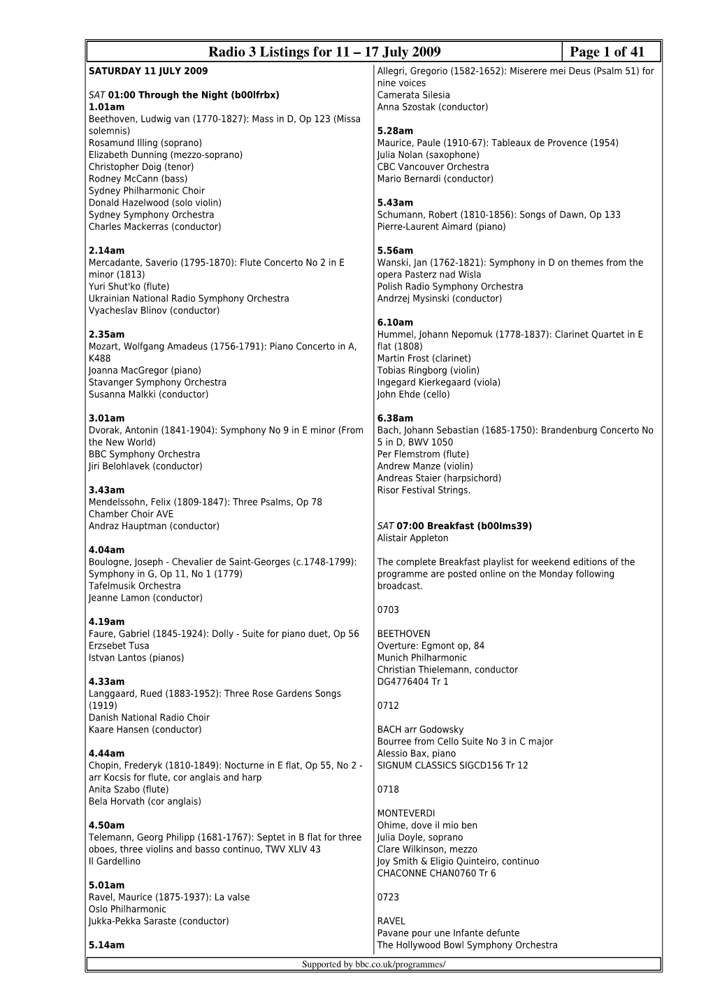 Radio 3 Listings for 11 – 17 July 2009 Page 1 Of