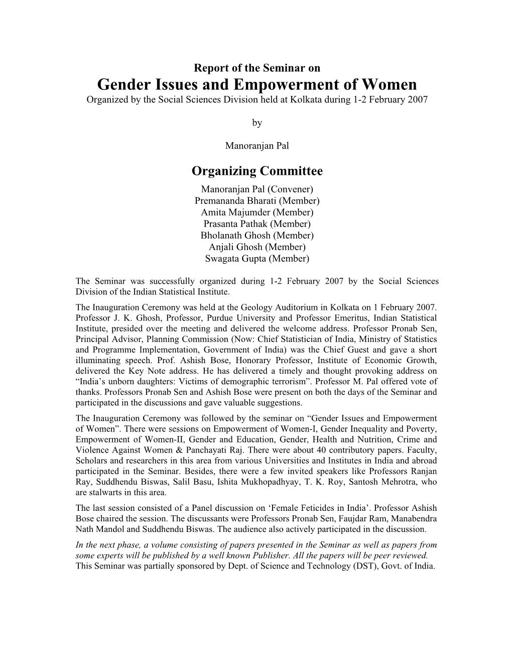 Gender Issues and Empowerment of Women”, Kolkata