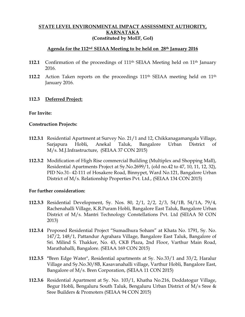 Agenda for the 112Nd SEIAA Meeting to Be Held on 28 Th January 2016