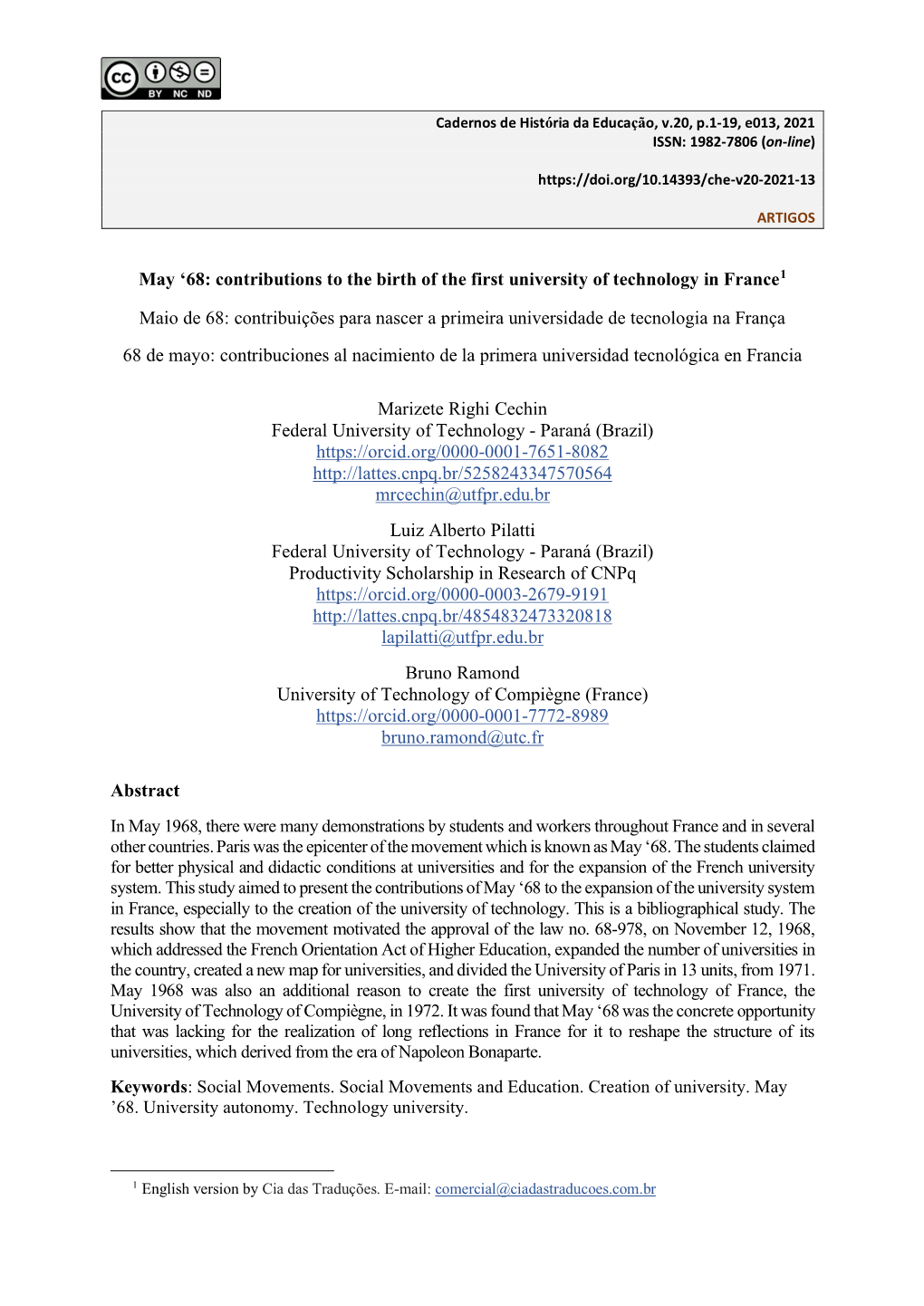 May '68: Contributions to the Birth of the First University of Technology in France1 Maio De 68: Contribuições Para Nascer A