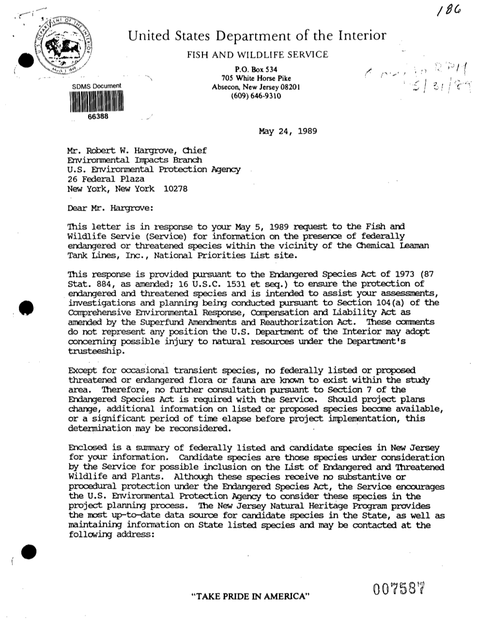 Letter to Mr. Robert W. Hargrove, U.S. EPA, from Mr. Michael T. Chezik