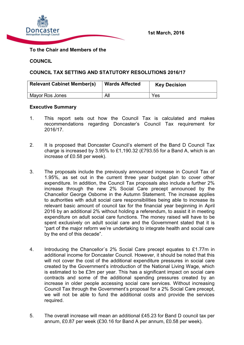 Council Tax Setting and Statutory Resolutions 2016/17. PDF 514 KB