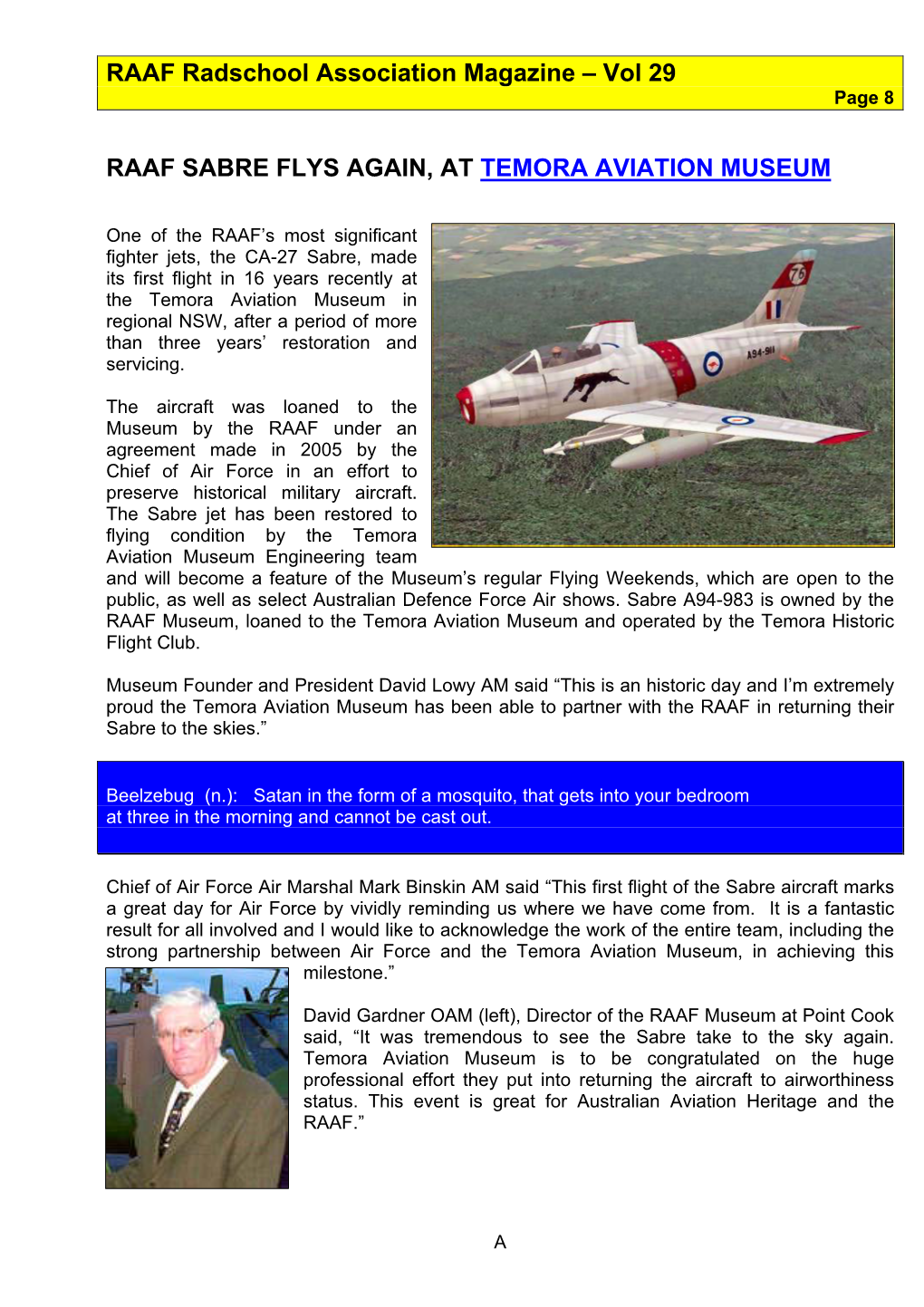 RAAF Radschool Association Magazine – Vol 29 RAAF SABRE FLYS AGAIN, at TEMORA AVIATION MUSEUM