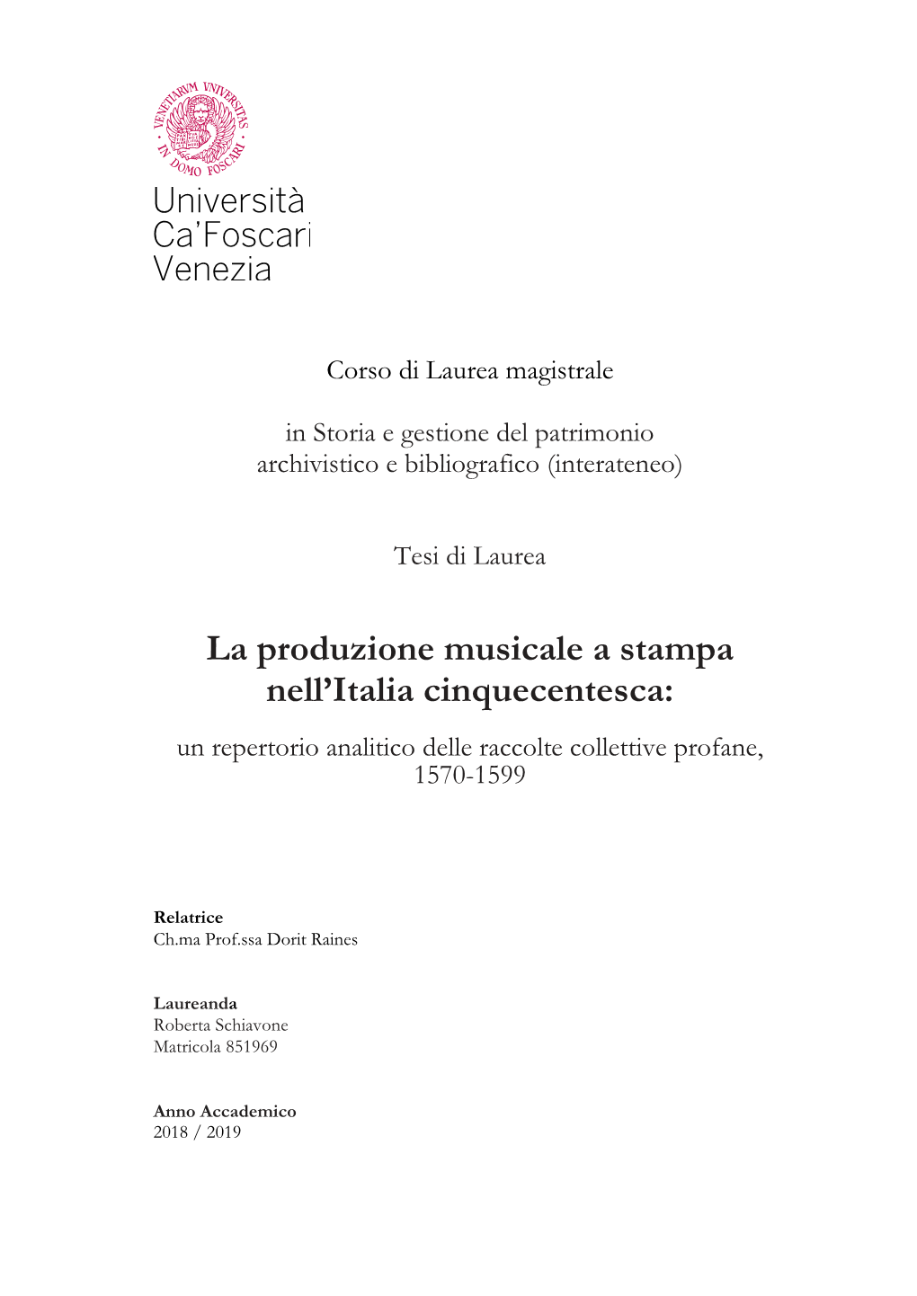 La Produzione Musicale a Stampa Nell'italia Cinquecentesca